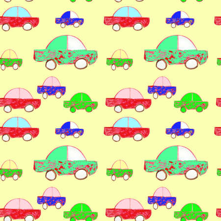 Seamless pattern on a white background, watercolor vintage colorful background. Original hand-drawn illustration. Multi-color texture of a retro carの写真素材