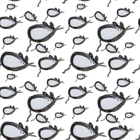 Seamless watercolor drawing of cute black mice of different sizes on a white background.の写真素材