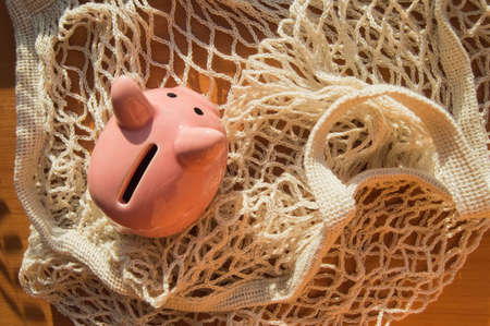 Piggy bank on the background of a reusable shopping bag, the concept of zero waste, savings, savings, top view, close-upの写真素材