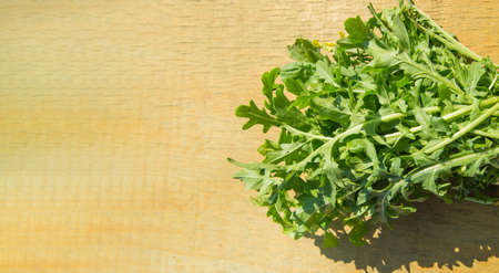 A bunch of fresh green arugula on a light wooden background, bright sunlight and shadows, top view, flatlay, bannerの写真素材