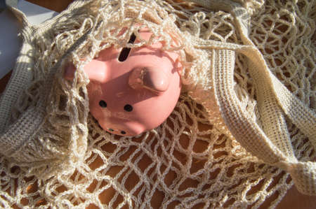 Piggy bank in the bag of a reusable shopping bag, the concept of zero waste, savings, savings, top view, close-upの写真素材