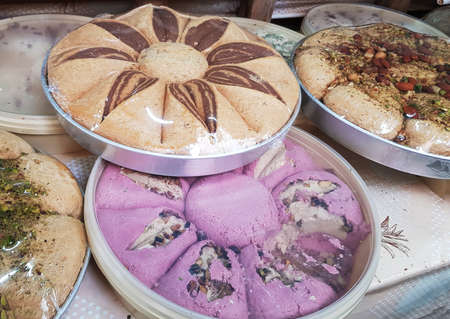 A wide selection of exotic oriental sweets, including baklava, toffee and nuts at the Oriental...