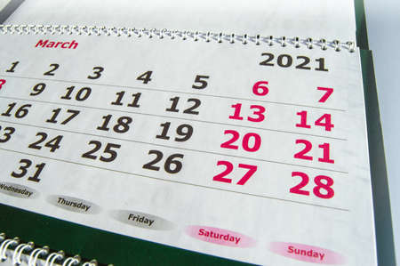 Calendar for March 2021. Wall-mounted paper calendar, top view.の写真素材