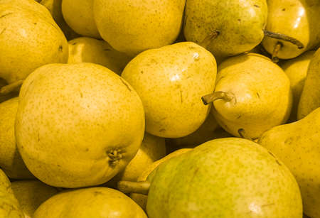 Food background yellow and green fresh ripe pears, close-up view from above, organic fruit concept.