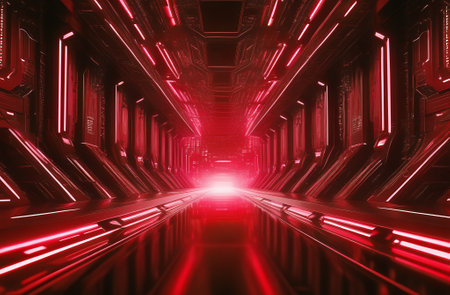 Abstract futuristic corridor or tunnel background, red neon lightの素材