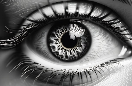 Close-up of the eye, monochrome black and white drawing, engraving style.の素材