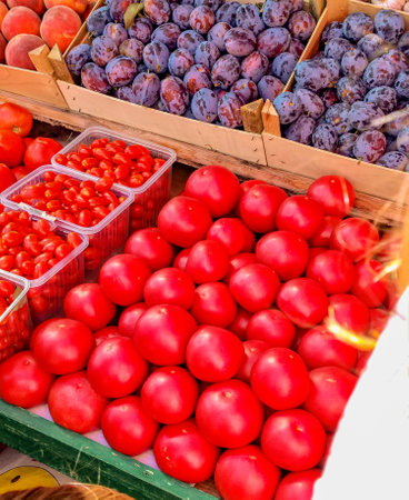 Fresh, bright products on the market are plums, tomatoes, strawberries. Colorful assortment of vegetables and fruits on the counter, Vertical.の写真素材