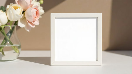 Blank white letterhead in wooden frame on desk, space for text, invitation mockup. Minimal business brand template. Soft shadow.の素材