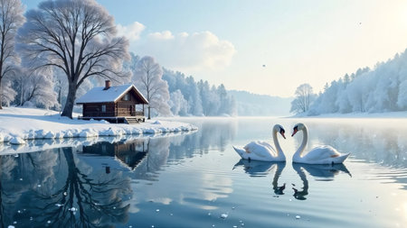 A graceful pair of graceful white swans on a winter lake, a log house on the shore of a pond.の素材