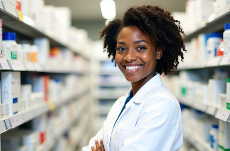 A cheerful beautiful smiling African-American female pharmacist with curly hair, standing next to the pharmacy shelves.の素材