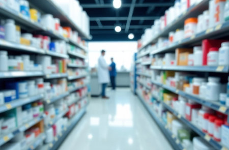 Interior of pharmacy with medicines on shelves, blurred abstract background.の素材