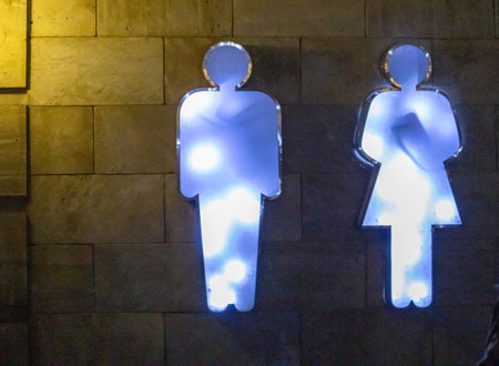 Neon illuminated public restroom sign with male and female figures on a dark wall.の写真素材