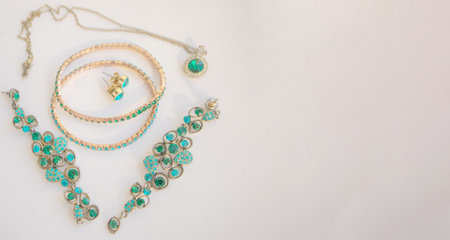 Set of beautiful green stone jewelry, banner, copy space at right.の写真素材