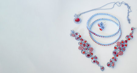 Set of fine jewelry, pink and blue toning, banner, copy space at left.の写真素材