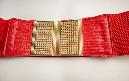 Red fashionable women's knitted elastic band belt with metal buckle with rhinestones, isolated on white background.の写真素材