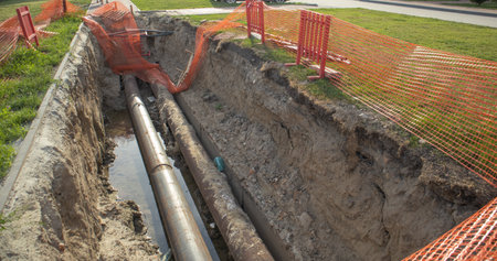 Close-up, repair of a heating main, laying of large-diameter metal pipes in a trench, protective...