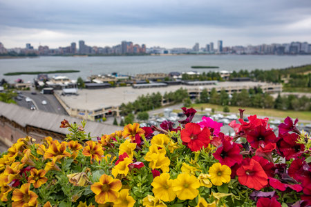 Bright yellow and red petunias in a planter in the foreground blurred view of the river embankment and city skyline horizontal shot natural lightの写真素材