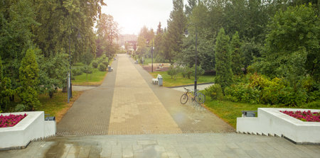 Pedestrian alley in a green city park benches lamps bike rack and flowerbeds soft morning light...