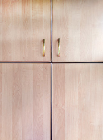 Wardrobe facade detail in light wood with gold handles symmetry and clean lines Perfect for furniture catalogs hardware product pages and content about home storage and organizationの写真素材