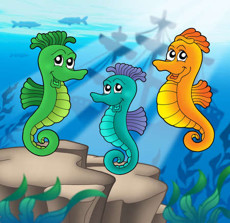 Sea horses family with shipwreck - color illustration.の写真素材