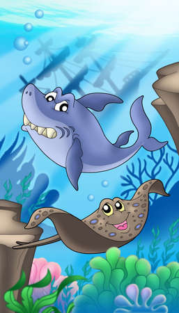 Shark and eagle ray with shipwreck - color illustration.の写真素材