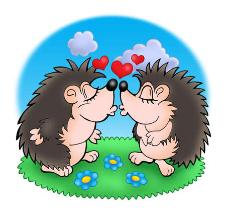 Two moles with hearts in grass - color illustration.の写真素材