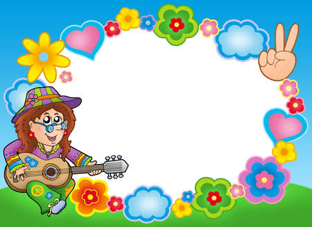 Round hippie frame with guitarist - color illustration.の写真素材