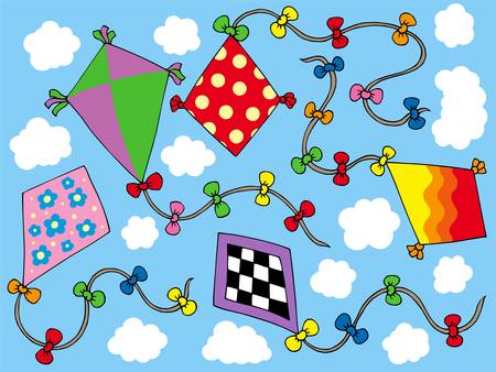 Various kites flying on sky - vector illustration.のイラスト素材