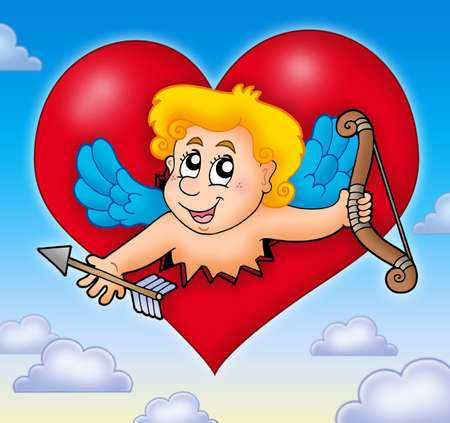 Cupid lurking from heart on sky - color illustration.の写真素材