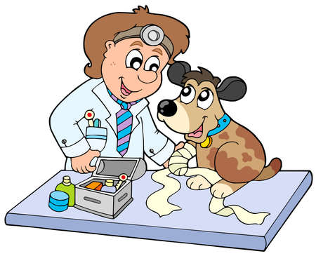 Dog with sick paw at veterinarian - vector illustration.のイラスト素材