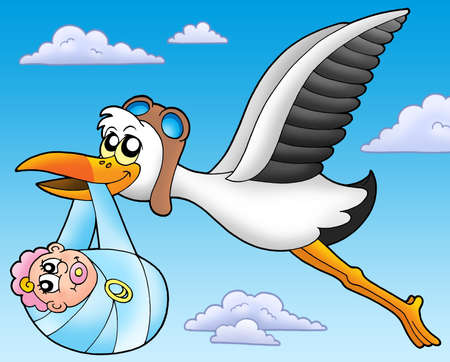 Flying stork with baby - color illustration.の写真素材