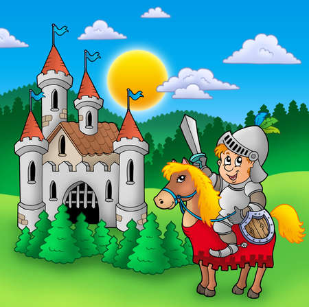 Knight on horse with old castle - color illustration.の写真素材