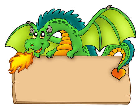 Giant green dragon holding board - color illustration.の写真素材