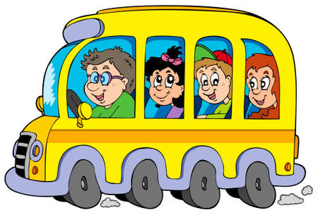 Cartoon school bus with kids - vector illustration.