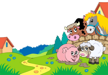 Country landscape with farm animals のイラスト素材