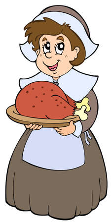 Pilgrim woman with roast turkey - illustration.のイラスト素材