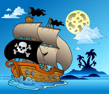 Pirate sailboat with island silhouette  illustration.のイラスト素材