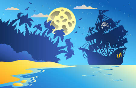 Night seascape with pirate ship 2 - vector illustration.のイラスト素材