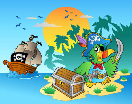 Pirate parrot and chest on island - vector illustration.のイラスト素材