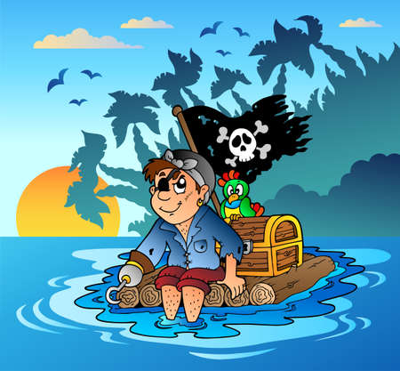 Pirate sailing on wooden raft - vector illustration.のイラスト素材