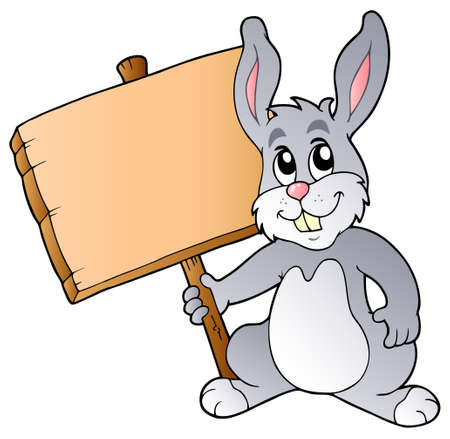 Cute bunny holding wooden board のイラスト素材