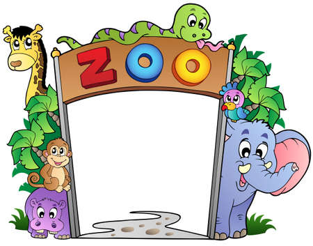 Zoo entrance with various animals - vector illustration.のイラスト素材