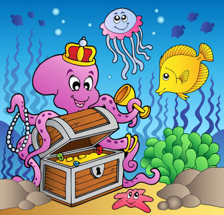 Cartoon octopus on treasure chest のイラスト素材