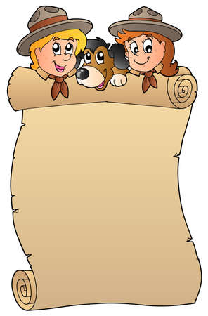Scroll with two scouts and dog のイラスト素材