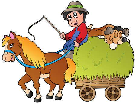Hay cart with cartoon farmerのイラスト素材