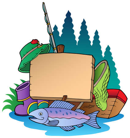 Wooden board with fishing equipment illustration.のイラスト素材