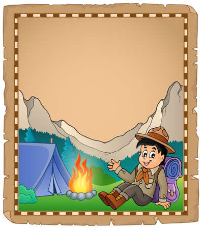 Parchment with scout boy in mountain - eps10 vector illustration.のイラスト素材