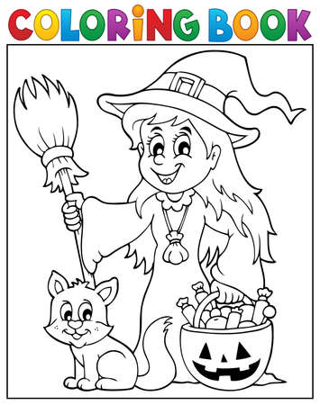 Coloring book cute witch and cat のイラスト素材