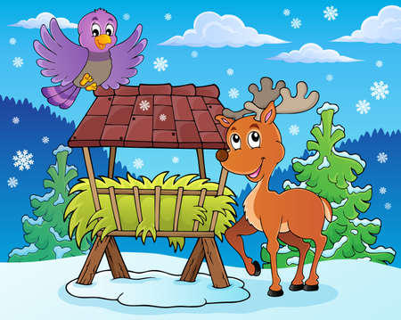 Hay rack with reindeer and bird  のイラスト素材