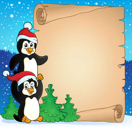 Parchment with Christmas penguinsのイラスト素材